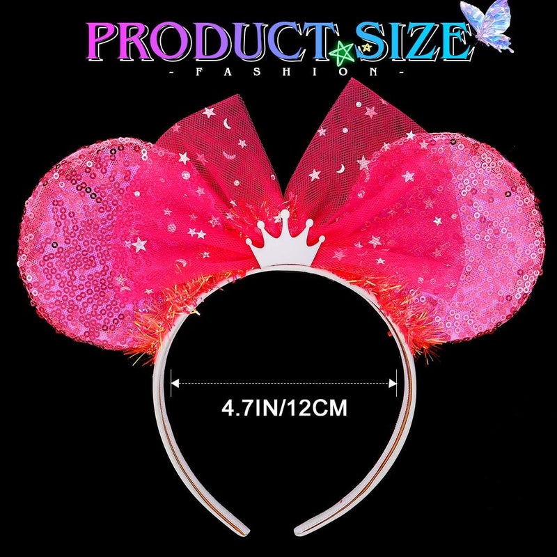 ACEDRE Light Up Mouse Ears Headband Sequin Bow Princess Crown Hair Accessories for Women (A-Rose Red, One Size) - Image 3